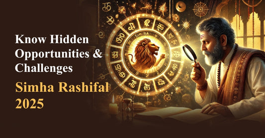 Astrologer analyzing Simha Rashi (Leo Zodiac) 2025 horoscope with a magnifying glass, surrounded by glowing zodiac symbols, representing opportunities and challenges for the year.