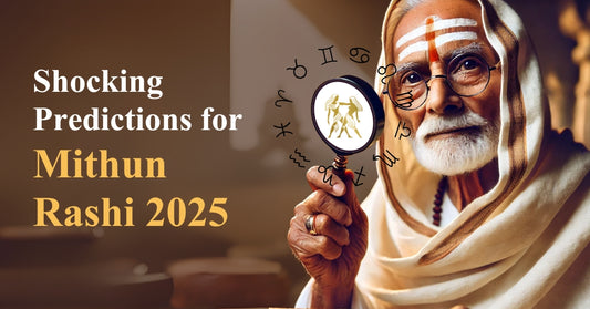 Wise astrologer holding a magnifying glass with Gemini (Mithun Rashi) symbol, surrounded by zodiac signs. Text overlay reads 'Shocking Predictions for Mithun Rashi 2025'