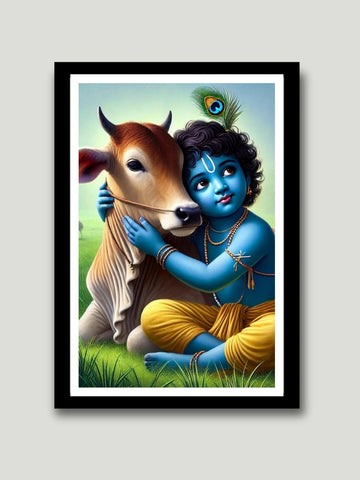 Bal Gopal with Cow Krishna Photo Frame - Divine Wall Art for Home and Temple Decor