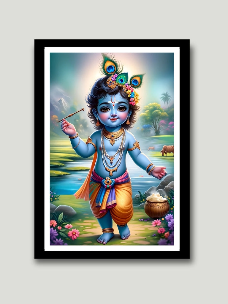 Charming Baby Krishna Wall Art - Bal Gopal Photo Frame for Home and Temple Decor