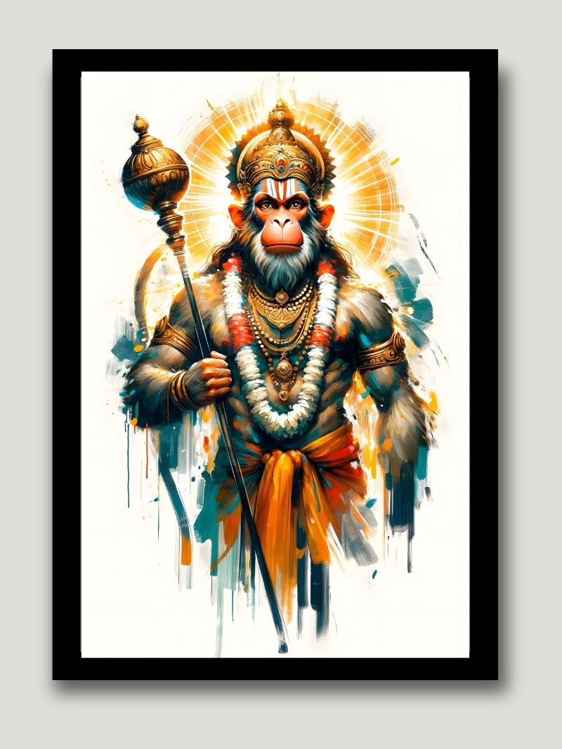 Divine Hanuman matt painting showcasing Bajrang Bali in a majestic pose, ideal for pooja room decor and spiritual home decoration.