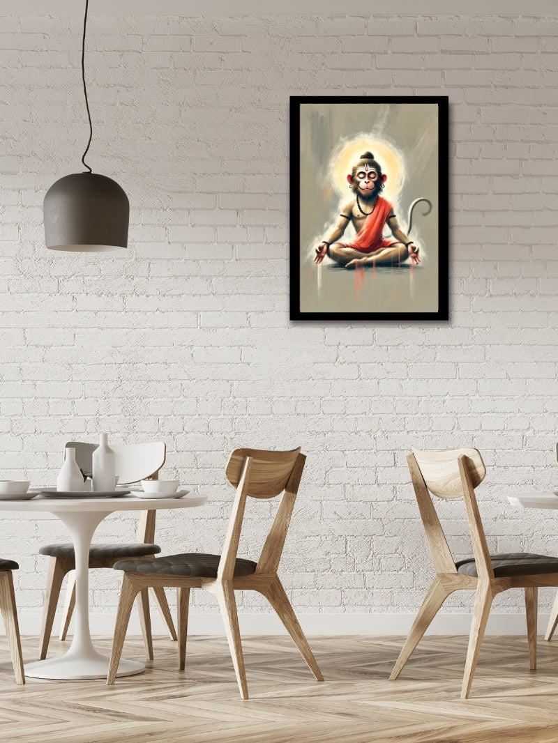 Hanuman art with a matt finish, displayed in a cafe or shared corner. Combines spiritual energy with contemporary aesthetics.