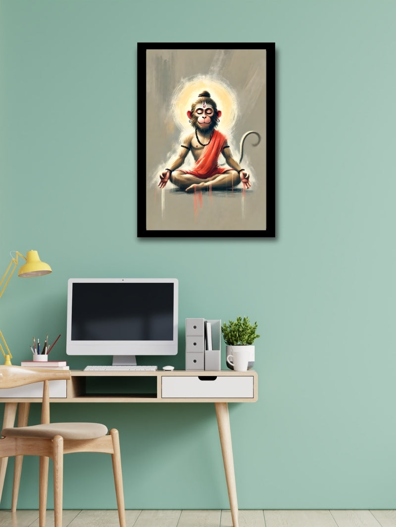 Hanuman frame with a matt finish, placed above a study table in an office space. Perfect for inspiring focus and spiritual energy at work or study.