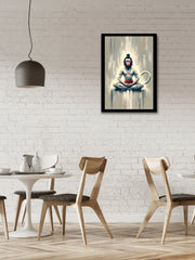 Hanuman meditation poster adorning the wall of a cafe area, blending spiritual energy with contemporary aesthetics.