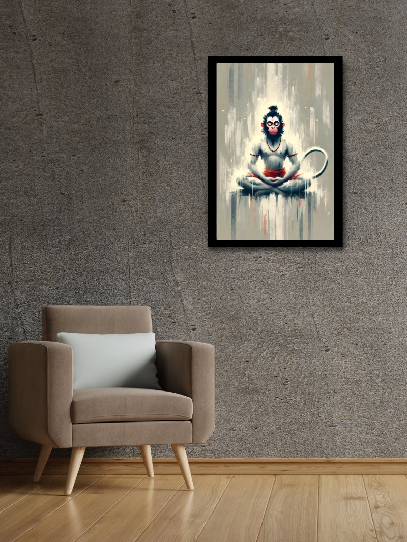 Meditative Hanuman poster displayed in a modern living room, adding devotion and serenity to your home decor.