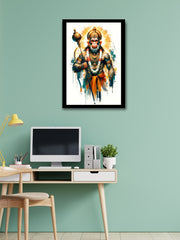 Hanuman modern art displayed above an office desk with a computer, combining spiritual energy with a productive workspace decor.