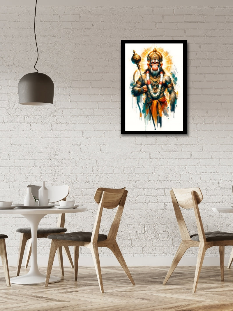 Hanuman painting with matt finish, adorning a cafe area, blending spiritual elements with contemporary decor.