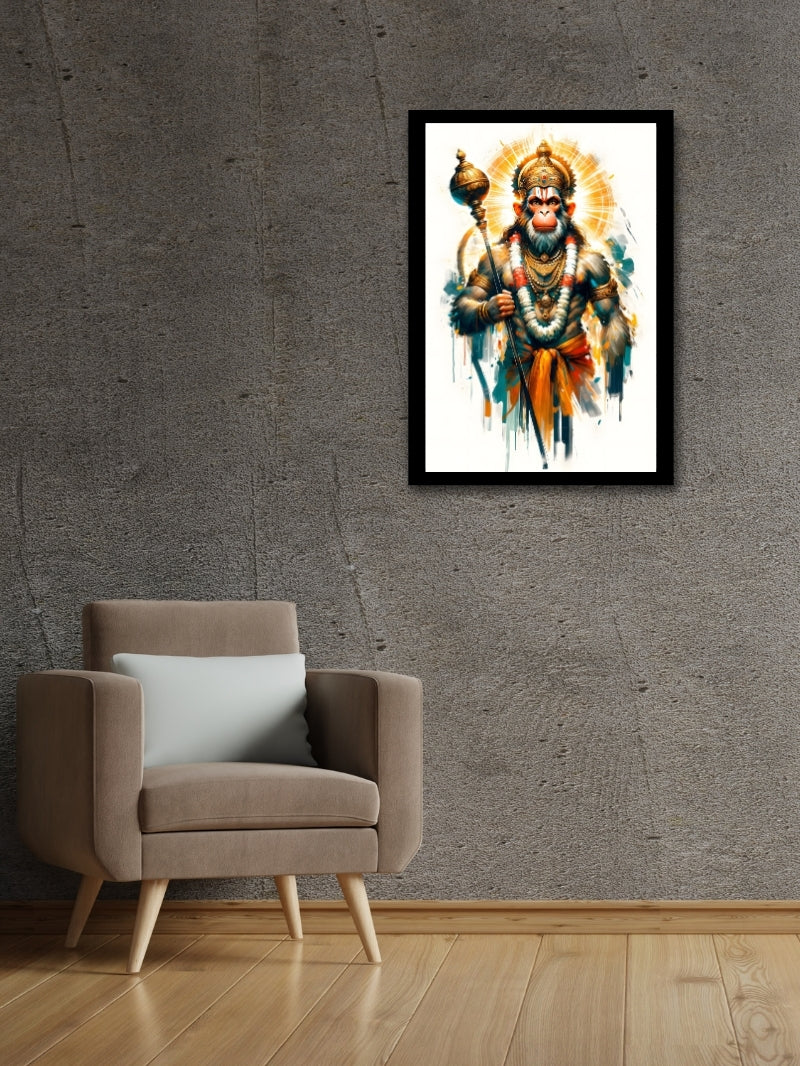 Hanuman wall art with a matt finish, enhancing a living room’s ambiance with spiritual and modern artistic decor.