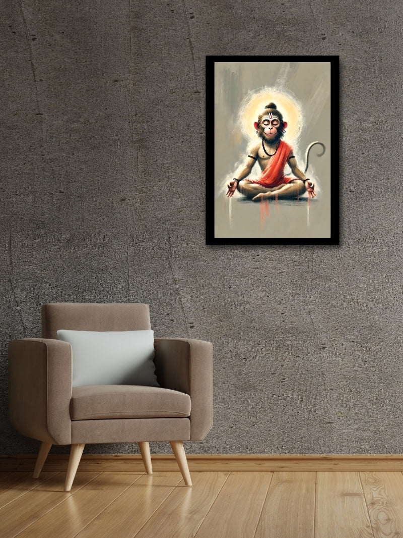 Matt-finish Hanuman wall art, enhancing the spiritual ambiance of a living room with calm and divine energy.